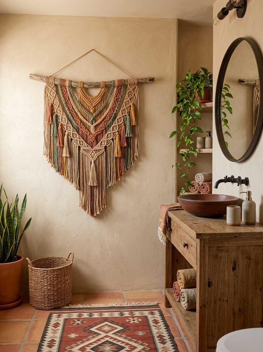 Woven wall hanging in a bathroom