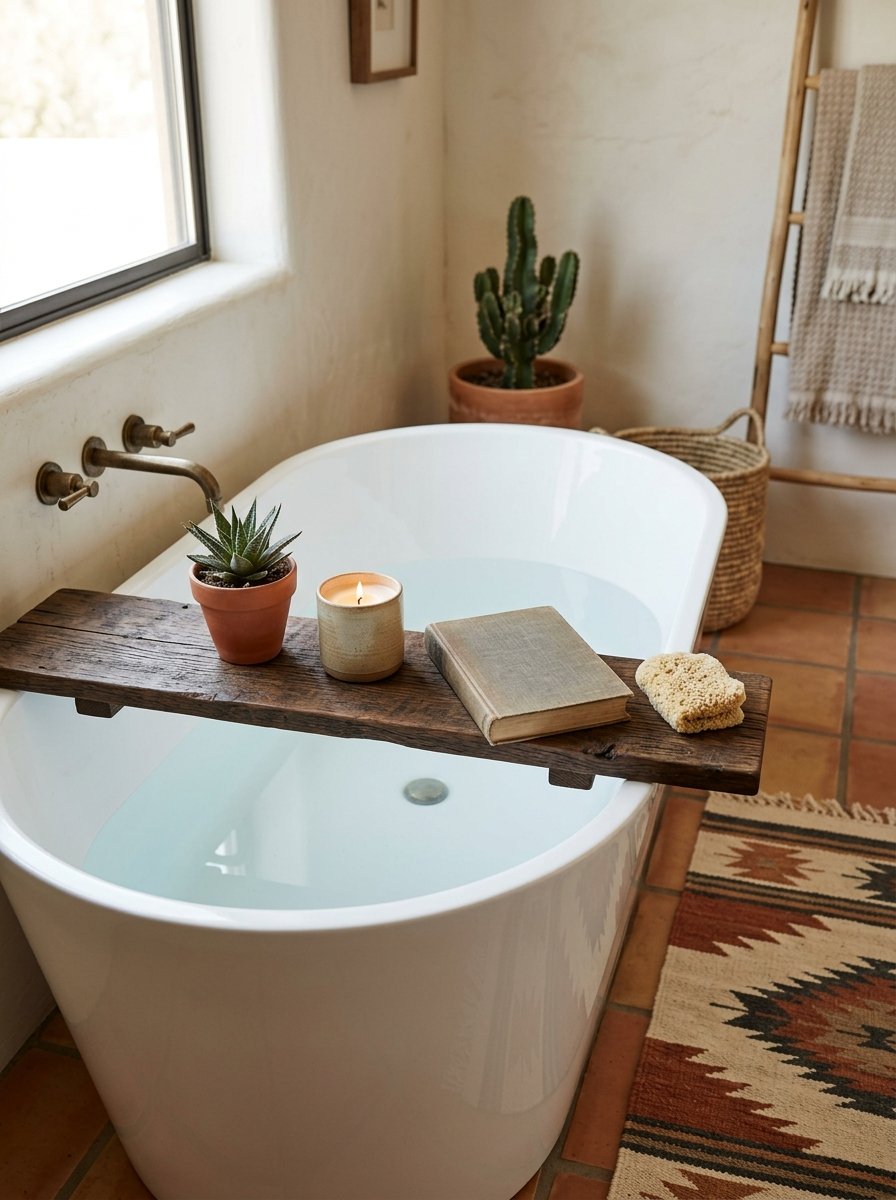 Wooden bath caddy across a tub