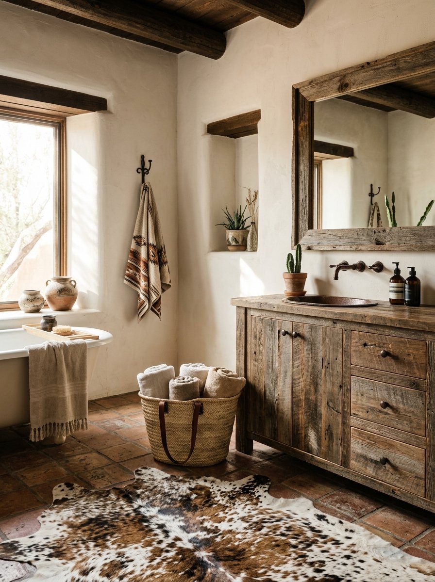 Leather-handled basket and hide rug in a bathroom