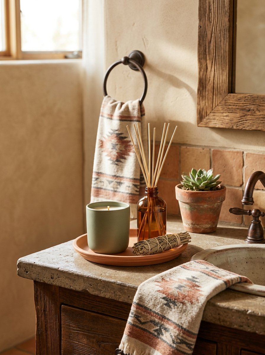 Candle and reed diffuser on a bathroom counter