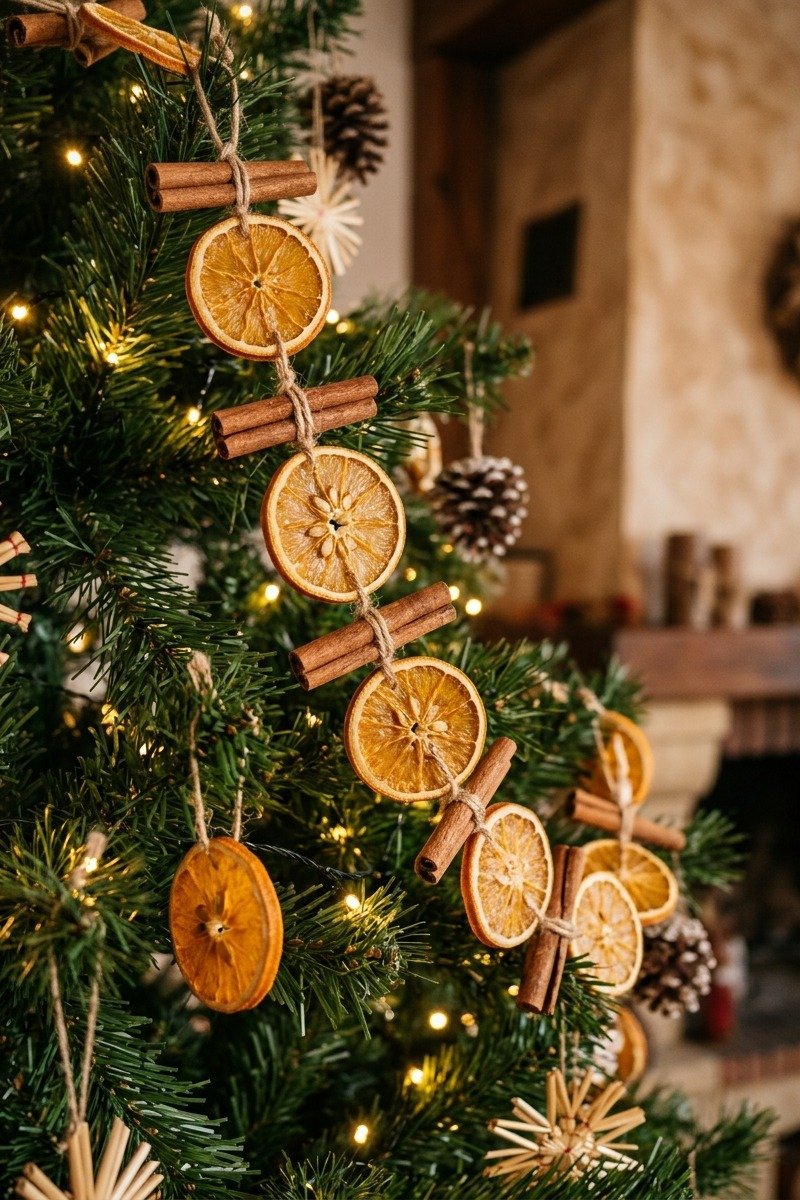 Guirnalda de naranjas secas en el árbol