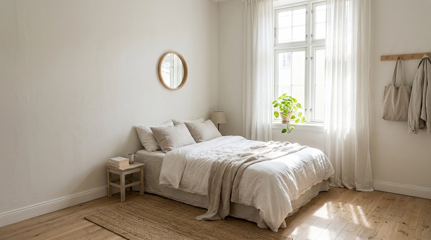Small bedroom flooded with natural light through sheer curtains