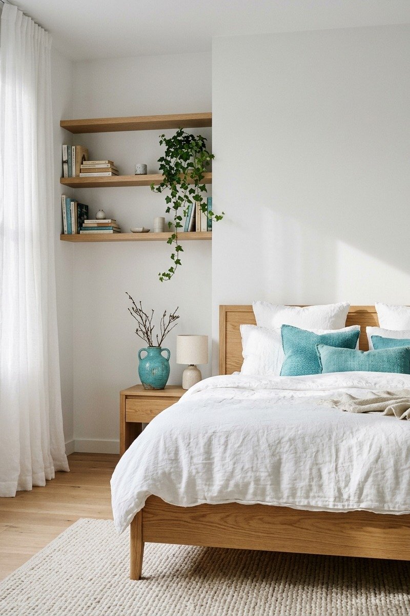 Natural oak bed in a white and turquoise bedroom