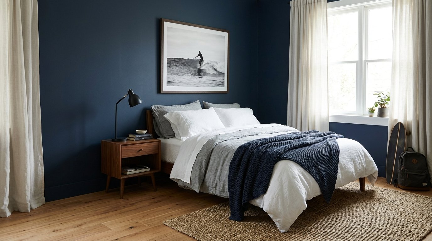 Older boys bedroom with navy blue walls, white bedding and wooden furniture