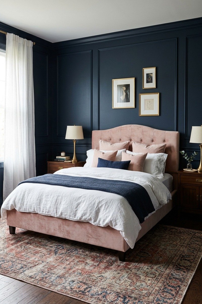 Navy and blush pink bedroom with velvet headboard