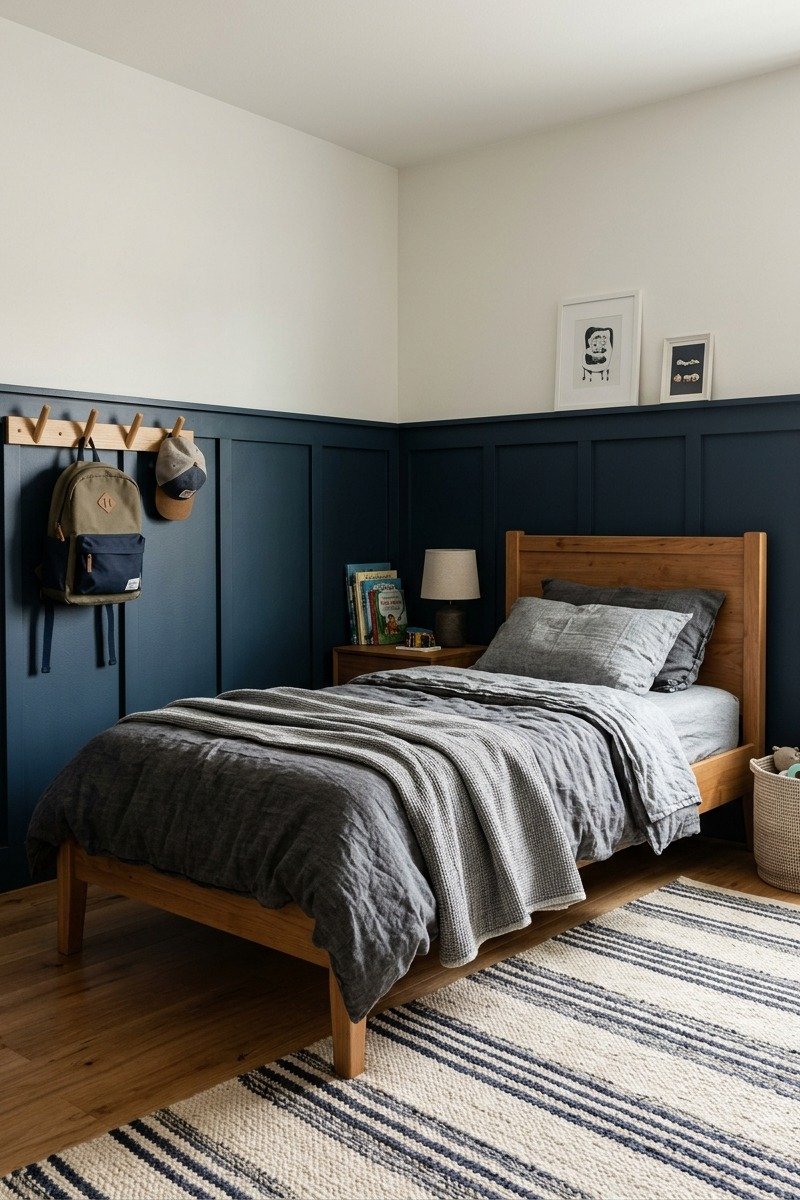Navy board and batten wall in a little boys bedroom