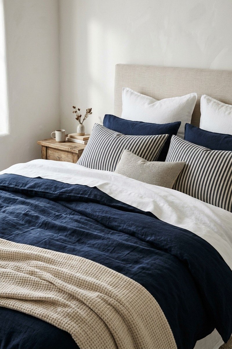 Navy and white layered bedding