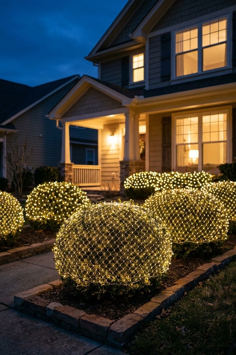 Bushes covered with net lights