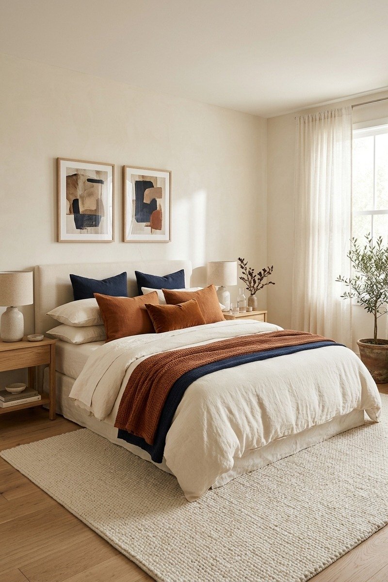 Neutral bedroom with blue and rust accents