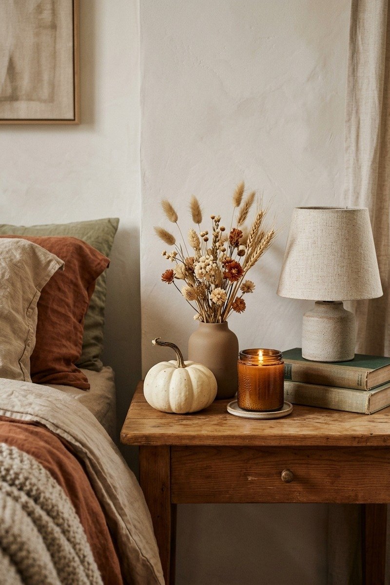 Nightstand with mini pumpkin and candle