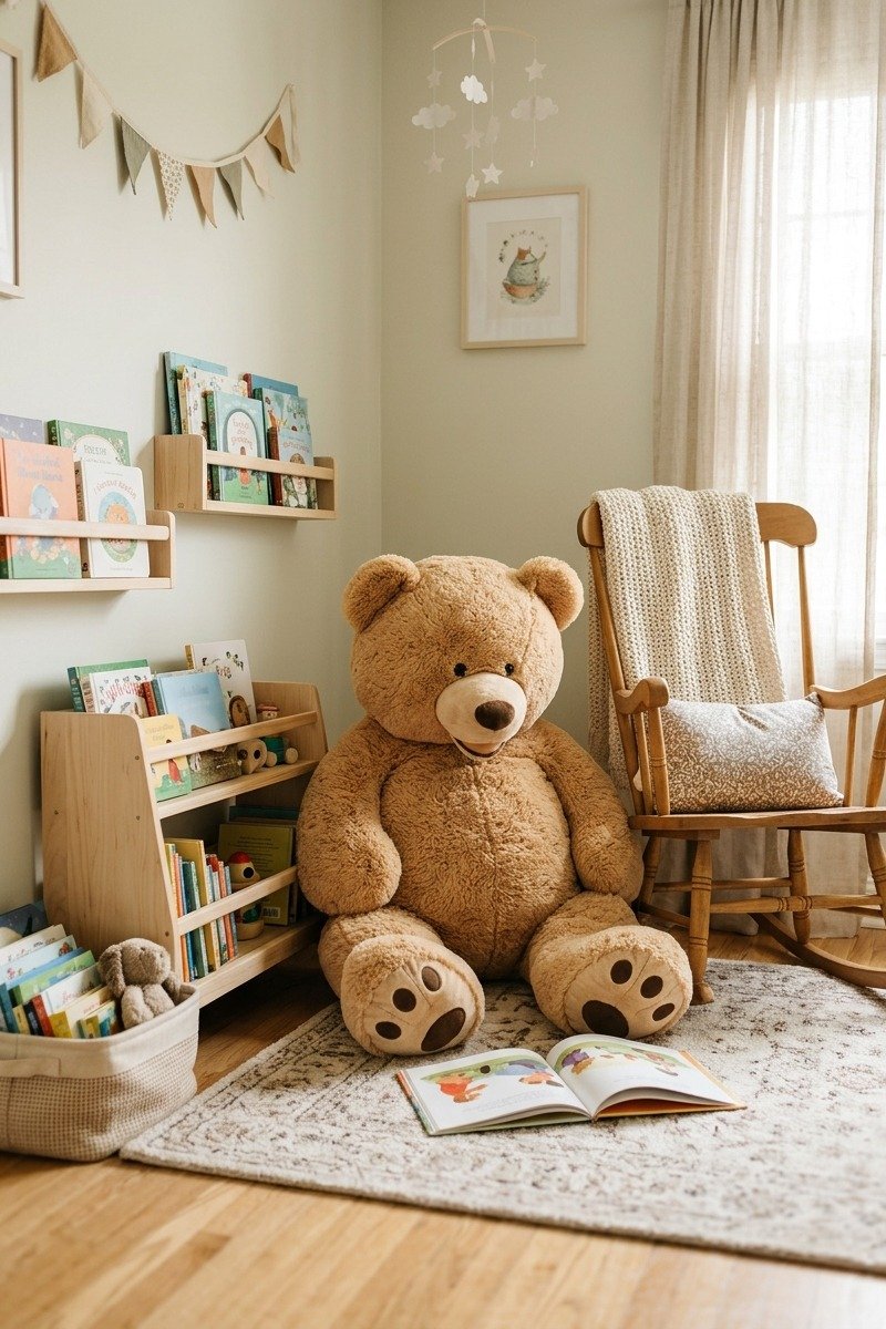Large teddy bear in a nursery reading corner