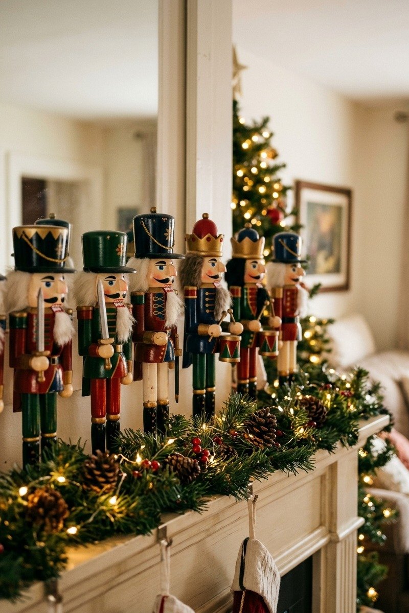 Row of traditional wooden nutcrackers on a mantel