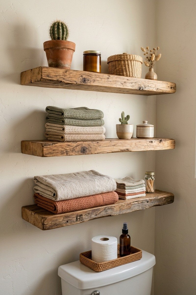 Rustic open wood shelves in a bathroom
