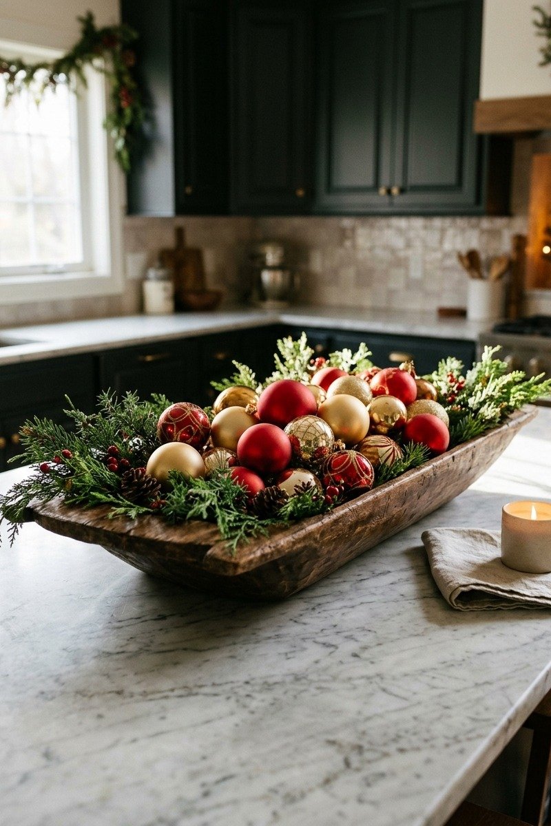 Wooden dough bowl with ornaments on a kitchen island