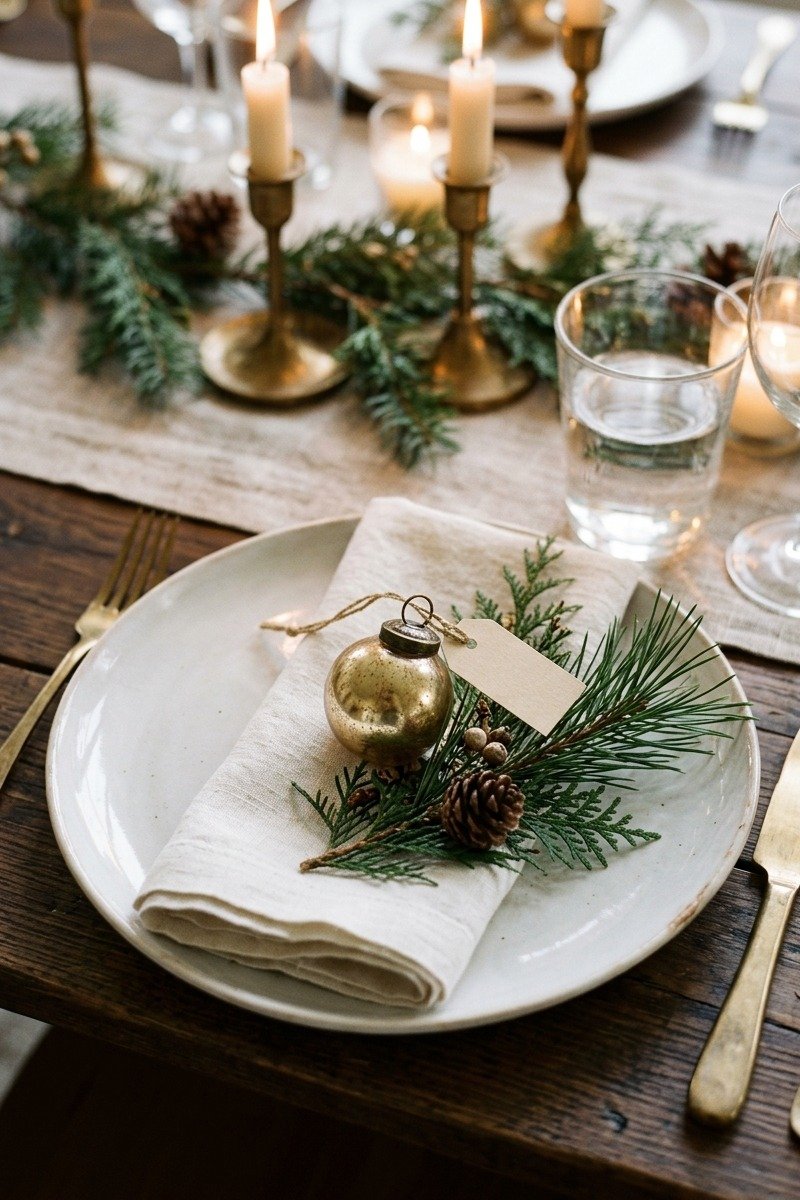 Mini ornament place cards on Christmas plates