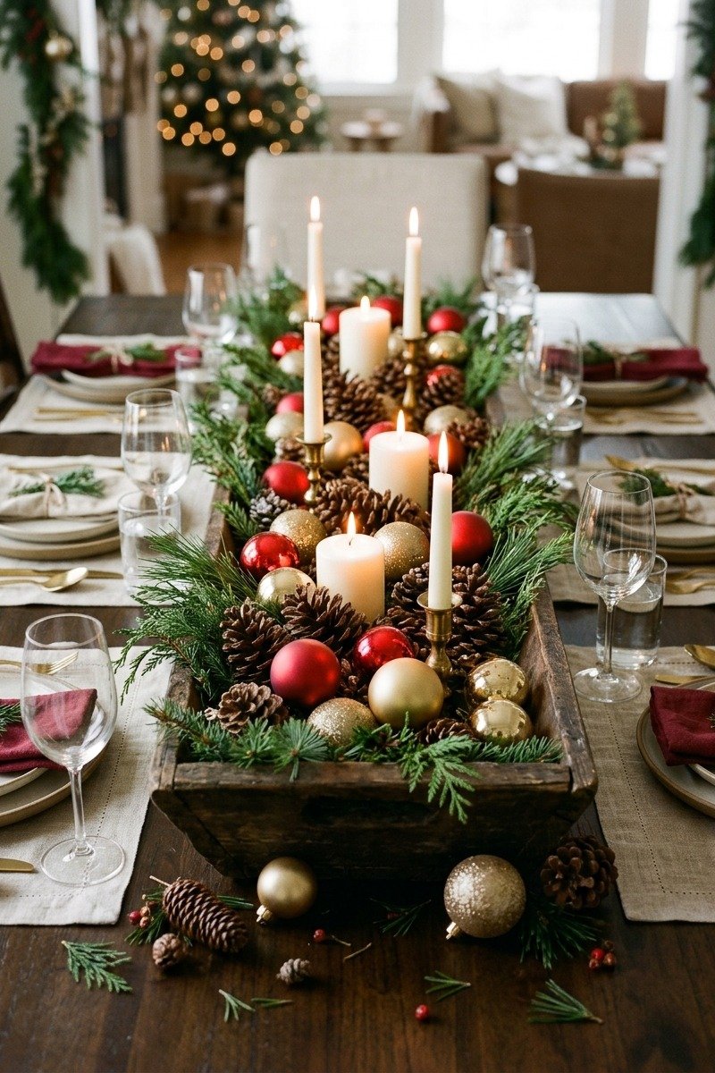 Long wooden tray with ornaments as a centerpiece