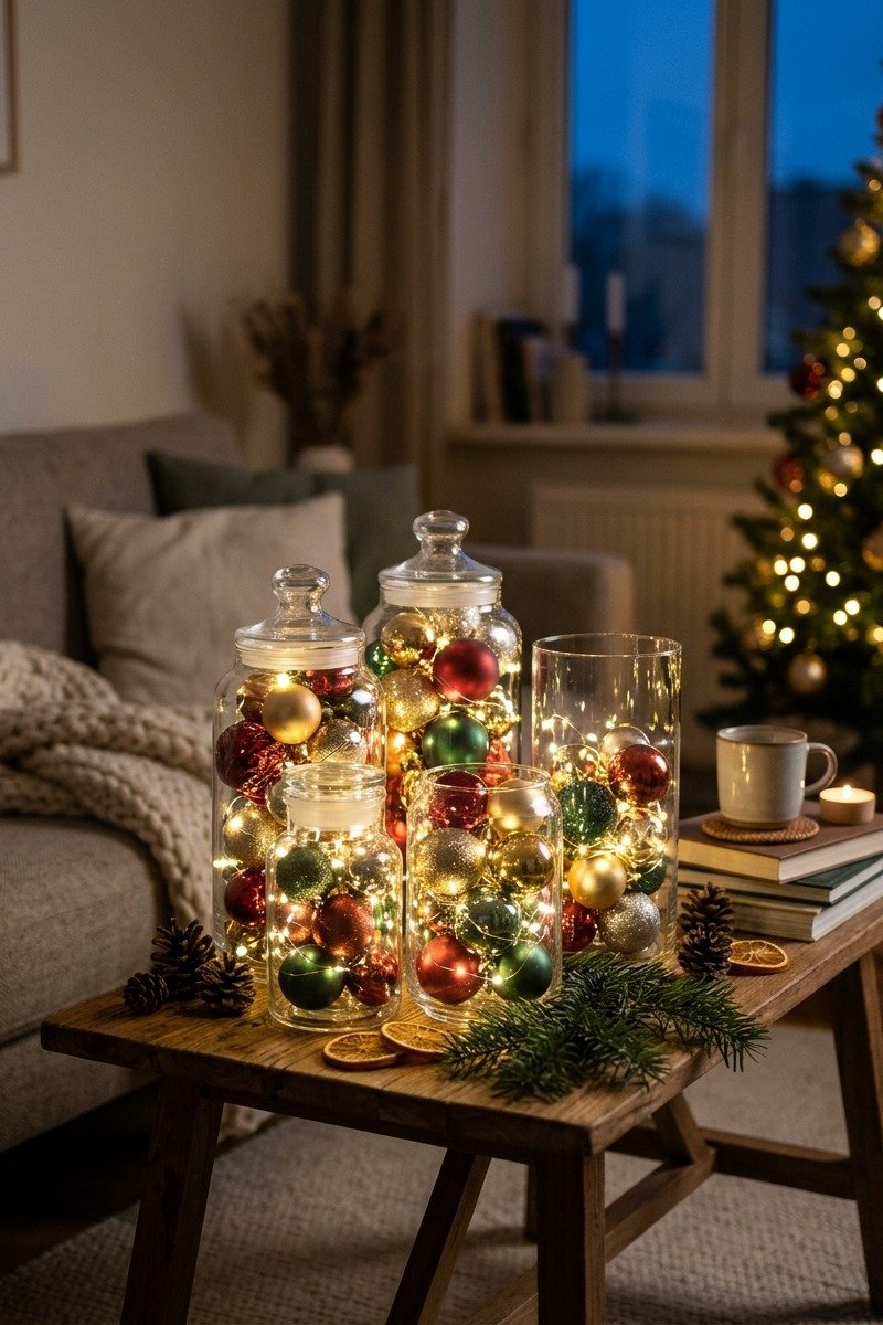 Ornaments displayed in glass jars