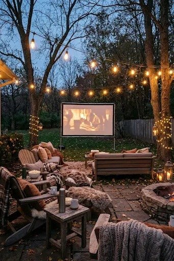 Outdoor movie screen on a patio