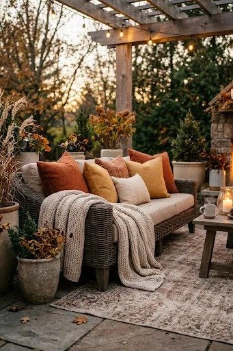 Outdoor sofa with fall colored pillows