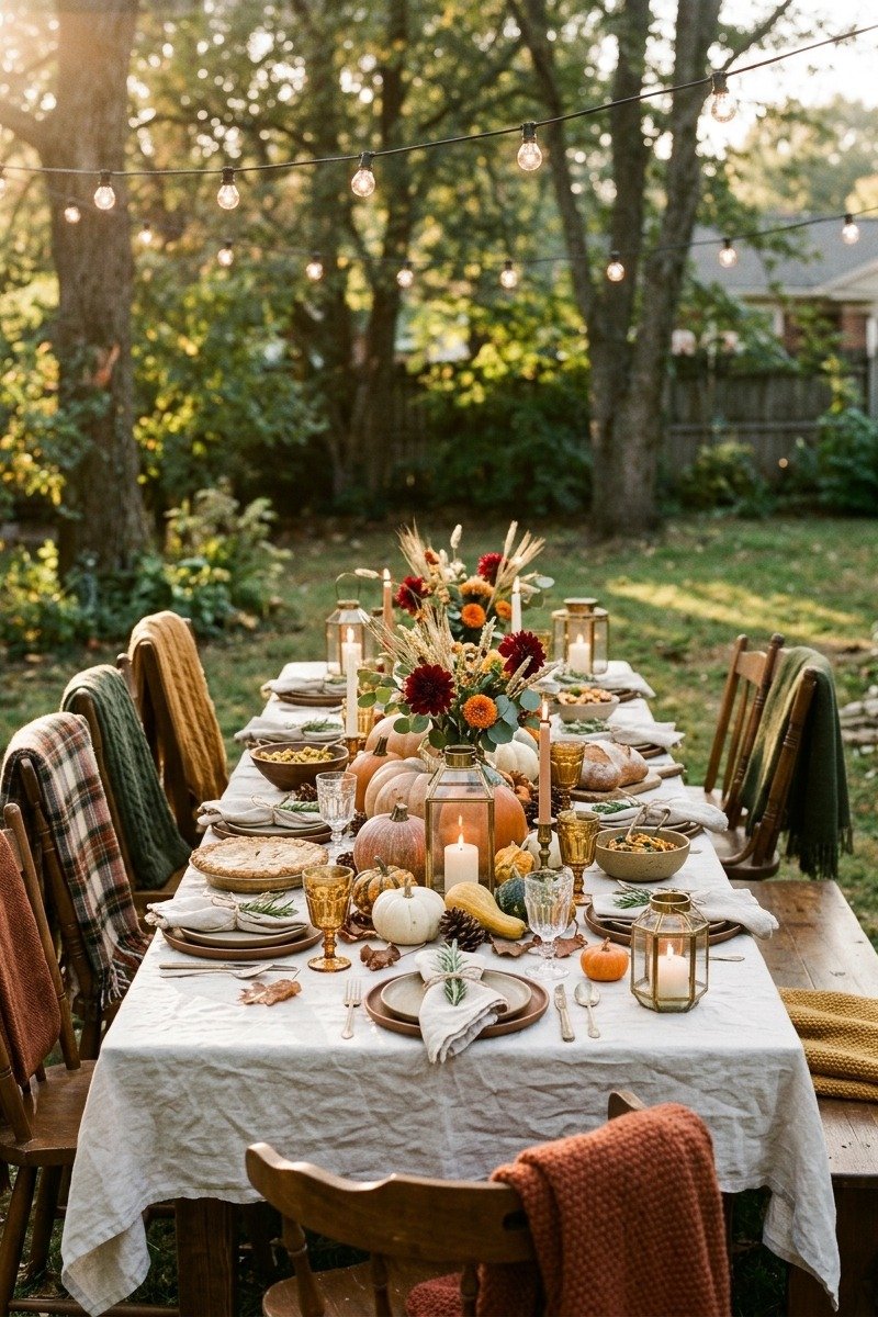 Outdoor Thanksgiving table with string lights and blankets