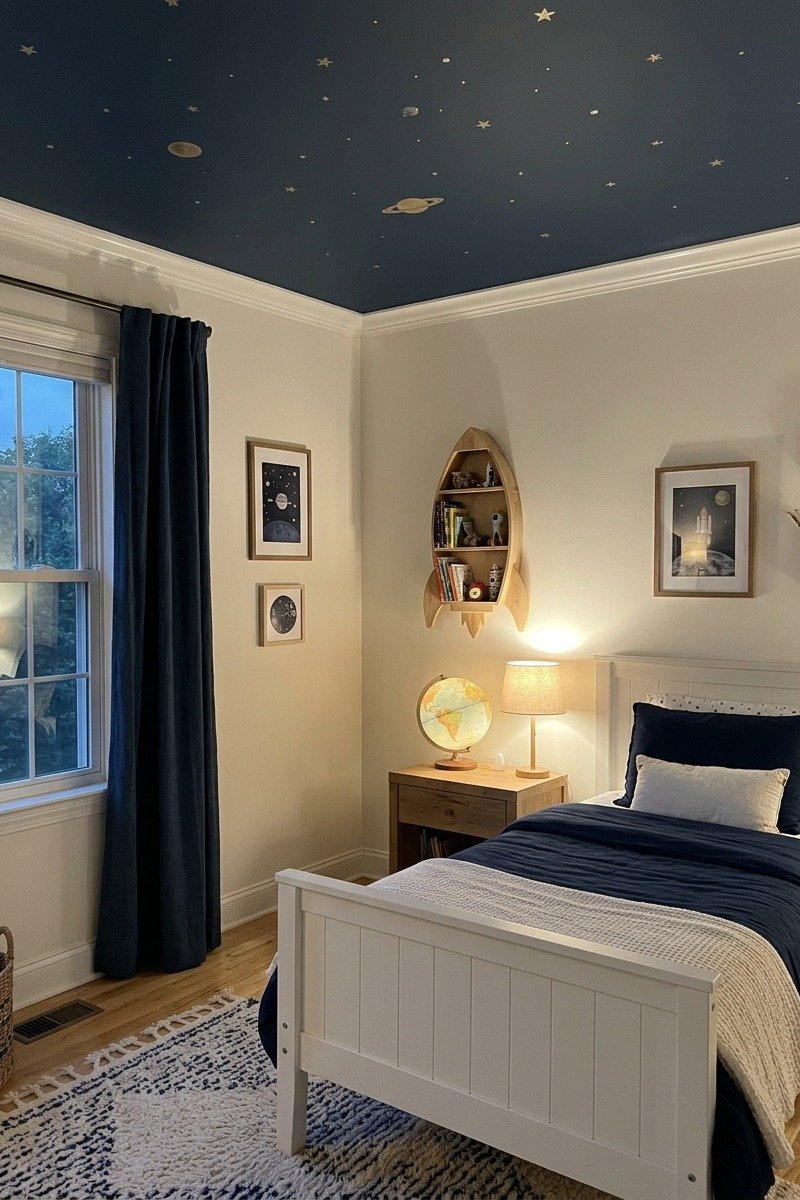 Boys bedroom with a navy starry outer space ceiling