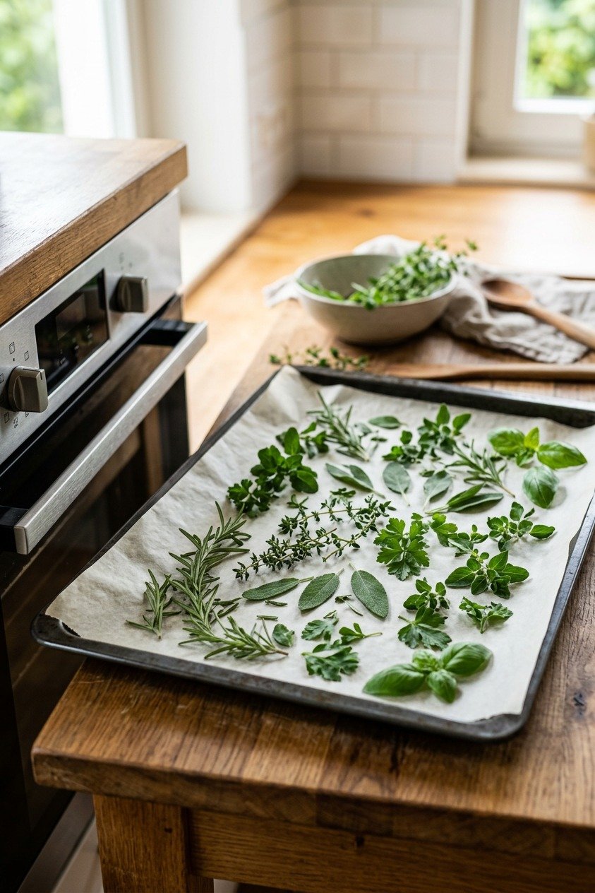 Herbs on a baking sheet for oven drying