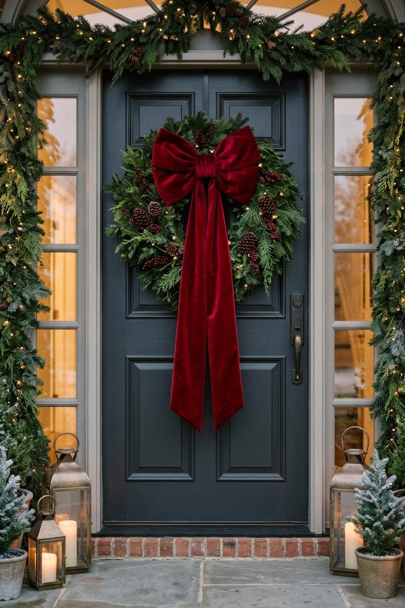 Oversized red bow on a front door wreath