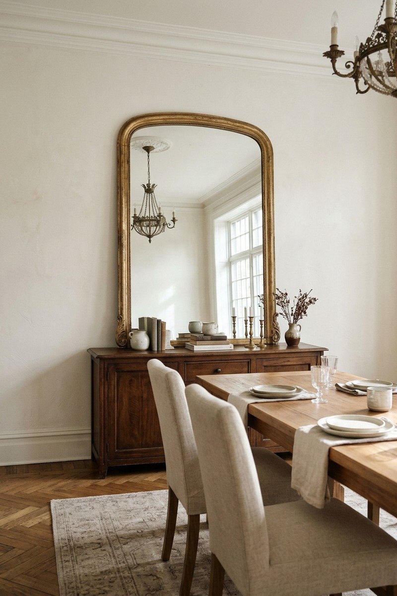 Large arched mirror reflecting light in a dining room