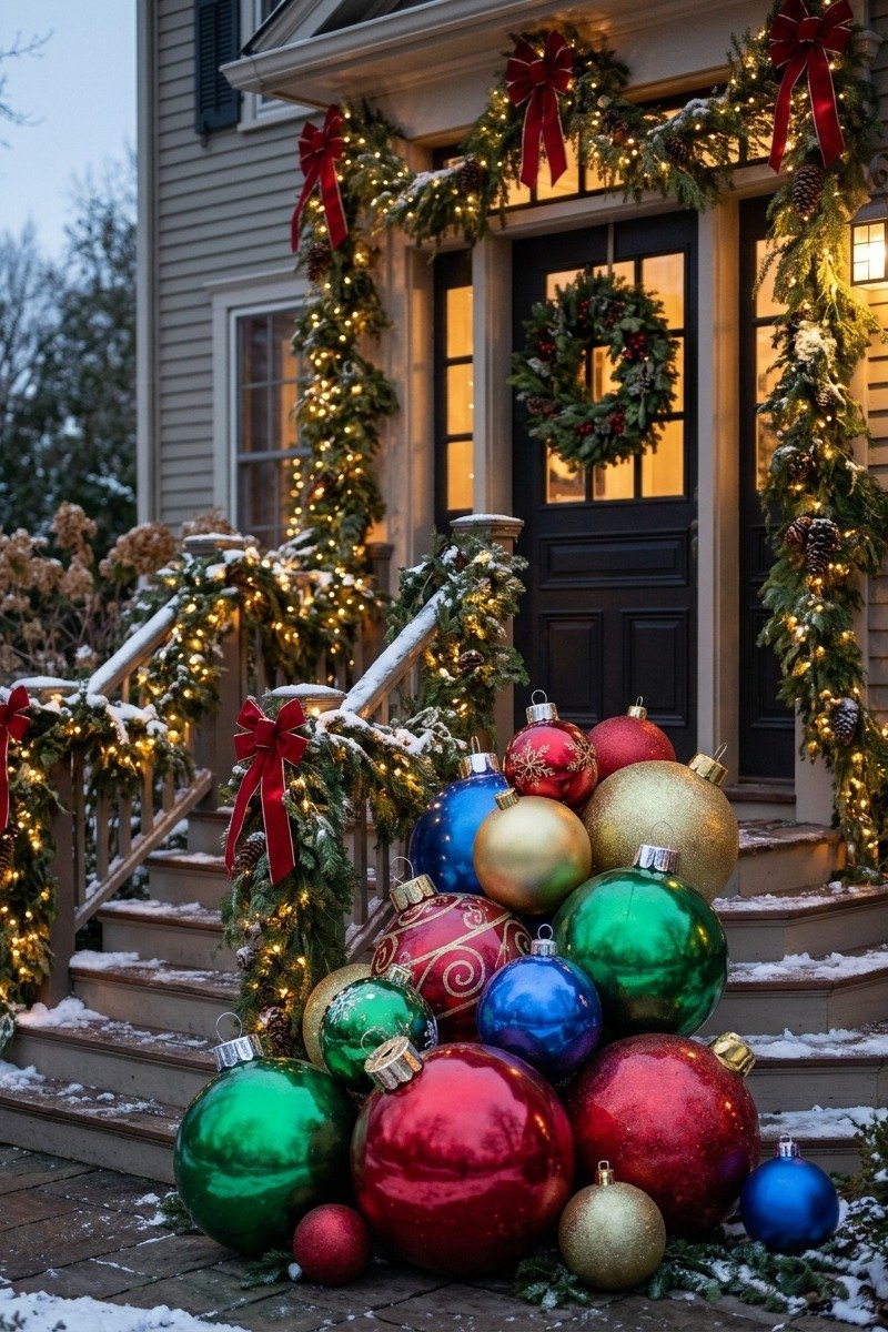 Giant ornaments on a porch