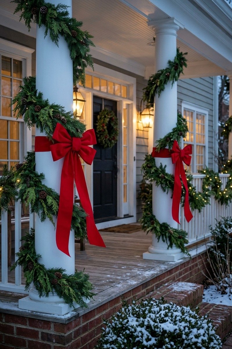 Big red bows on porch columns