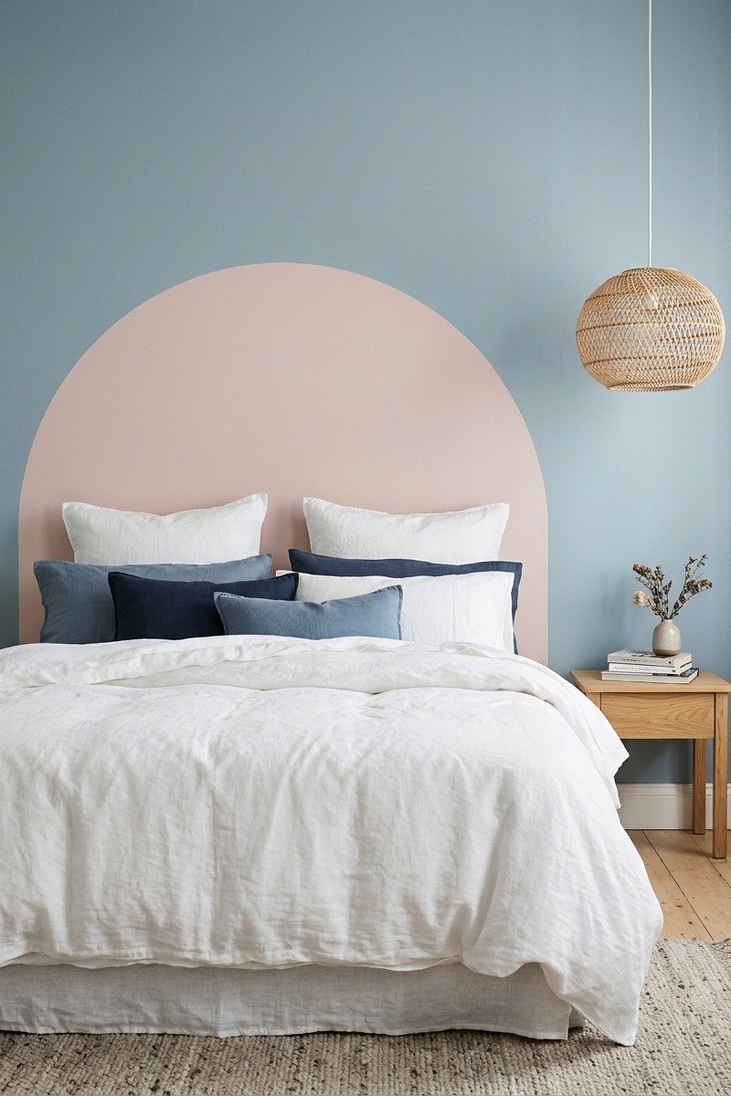 Painted pink arch headboard on a blue wall