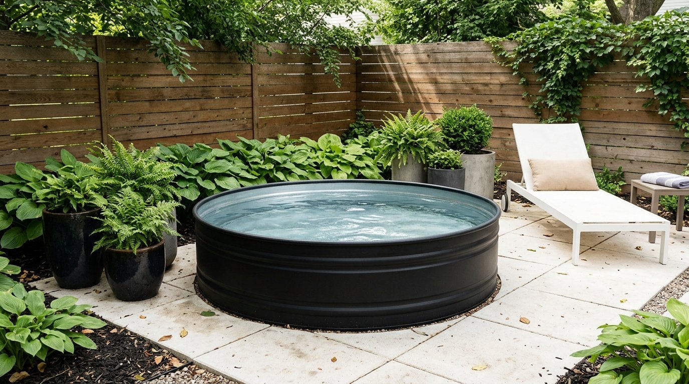 Stock tank pool painted matte black on a paver patio with greenery