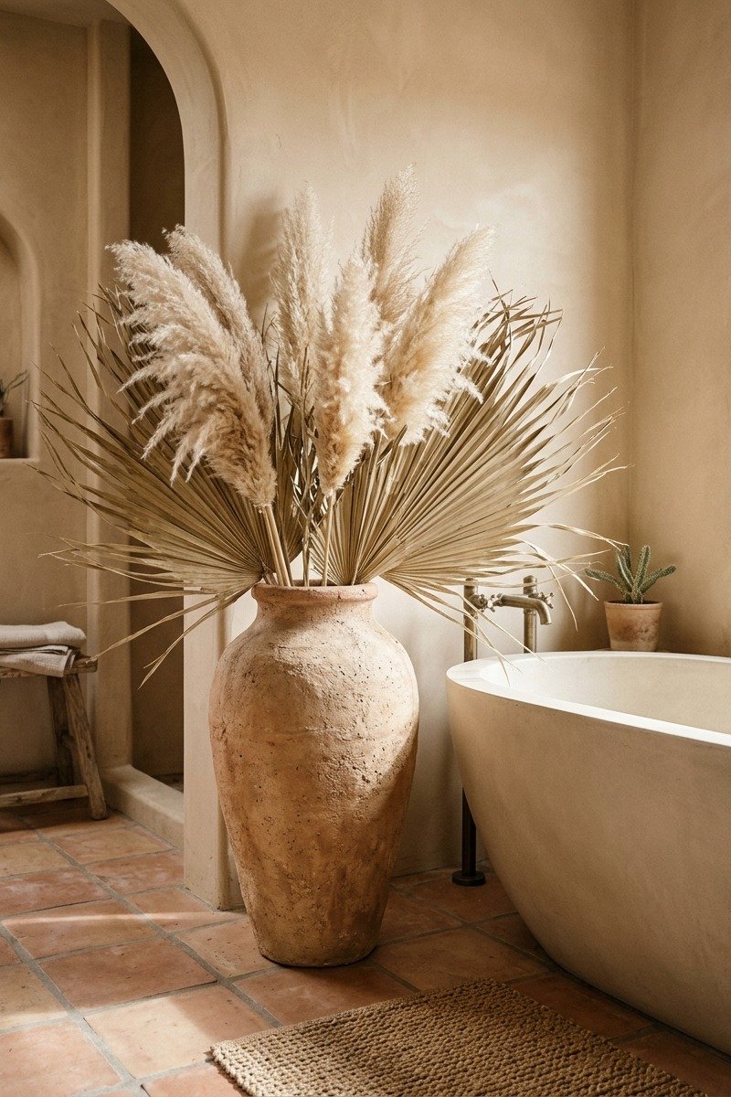 Pampas grass in a clay vase in a bathroom