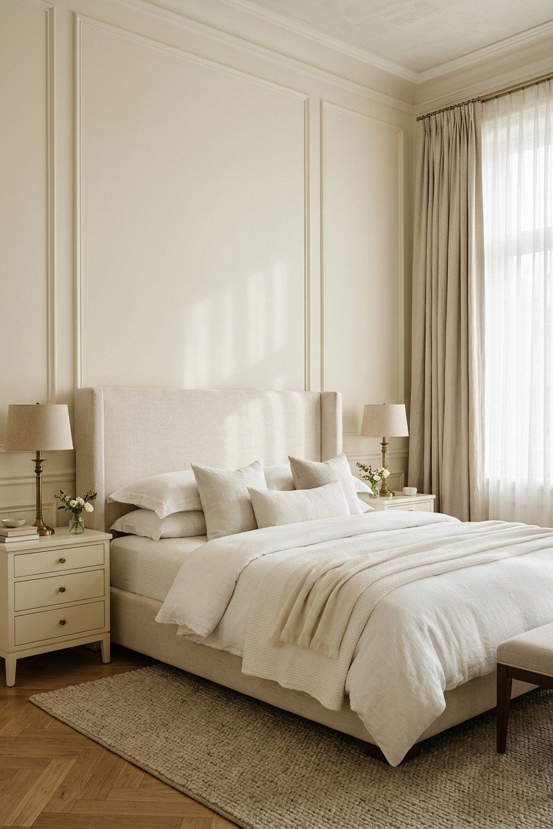 Luxury master bedroom with paneled wall molding behind an upholstered bed