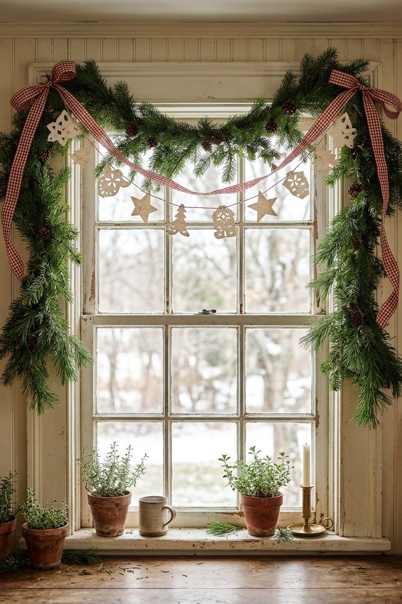 Vintage paper garland on a kitchen window