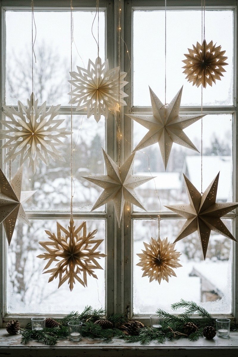 Paper snowflakes hanging in a window
