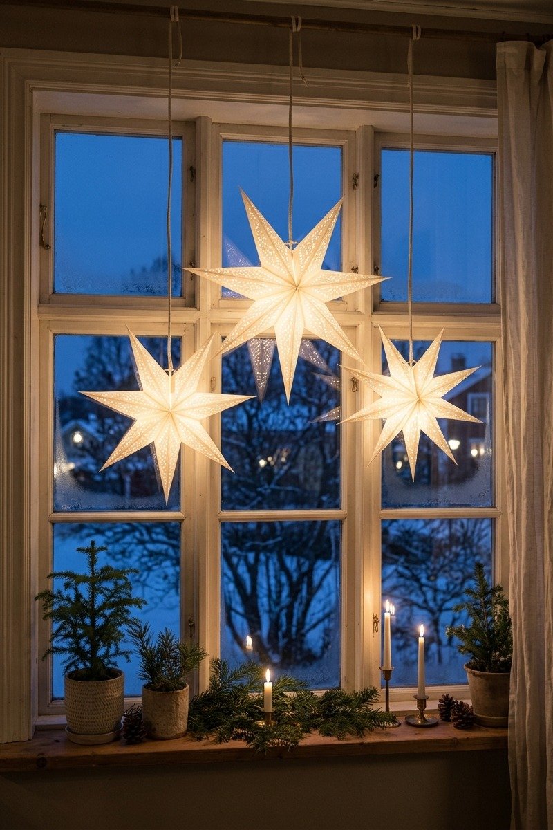 Paper star lanterns hanging in a window
