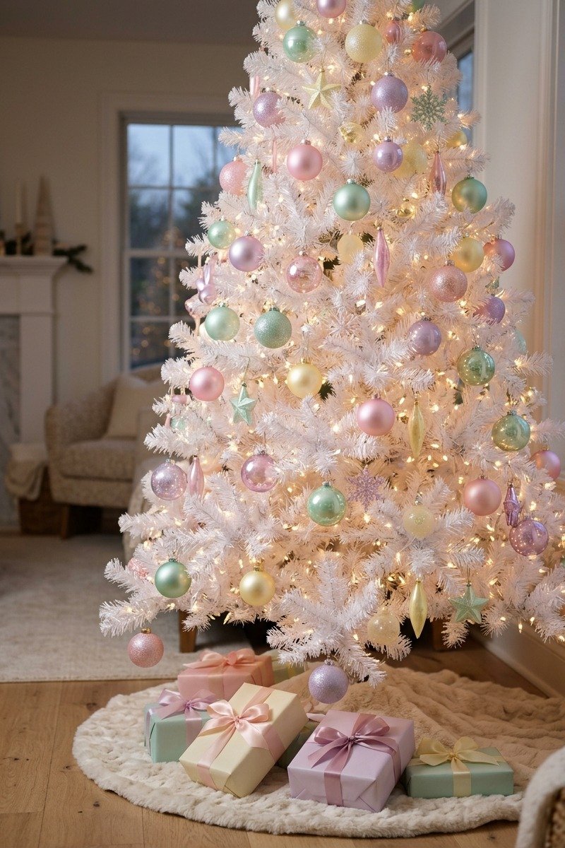 Pastel rainbow ornaments on a white tree