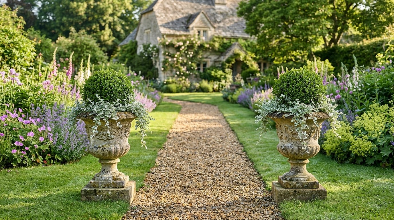 Pair of stone urn planters marking the entrance of a garden path
