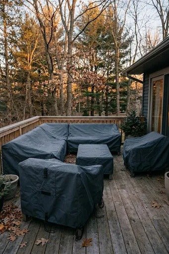 Patio furniture covers on a deck