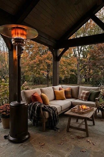 Patio heater warming an outdoor seating area