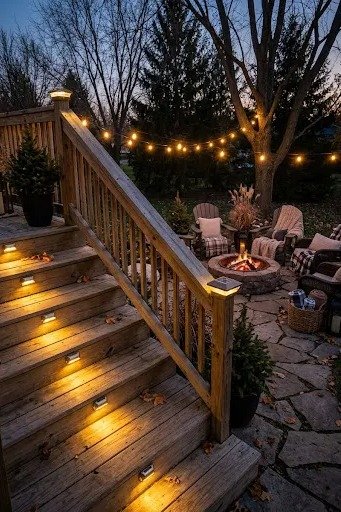 Solar step lights on patio stairs