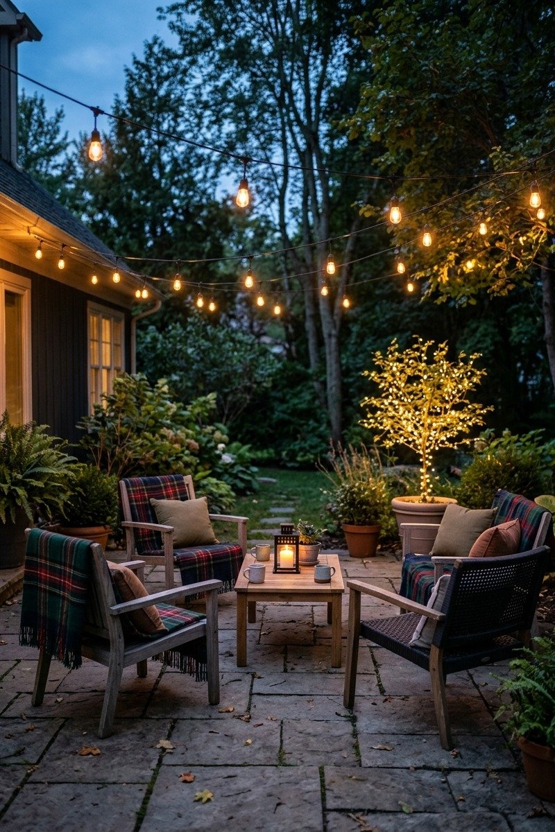 Backyard patio with string lights and greenery