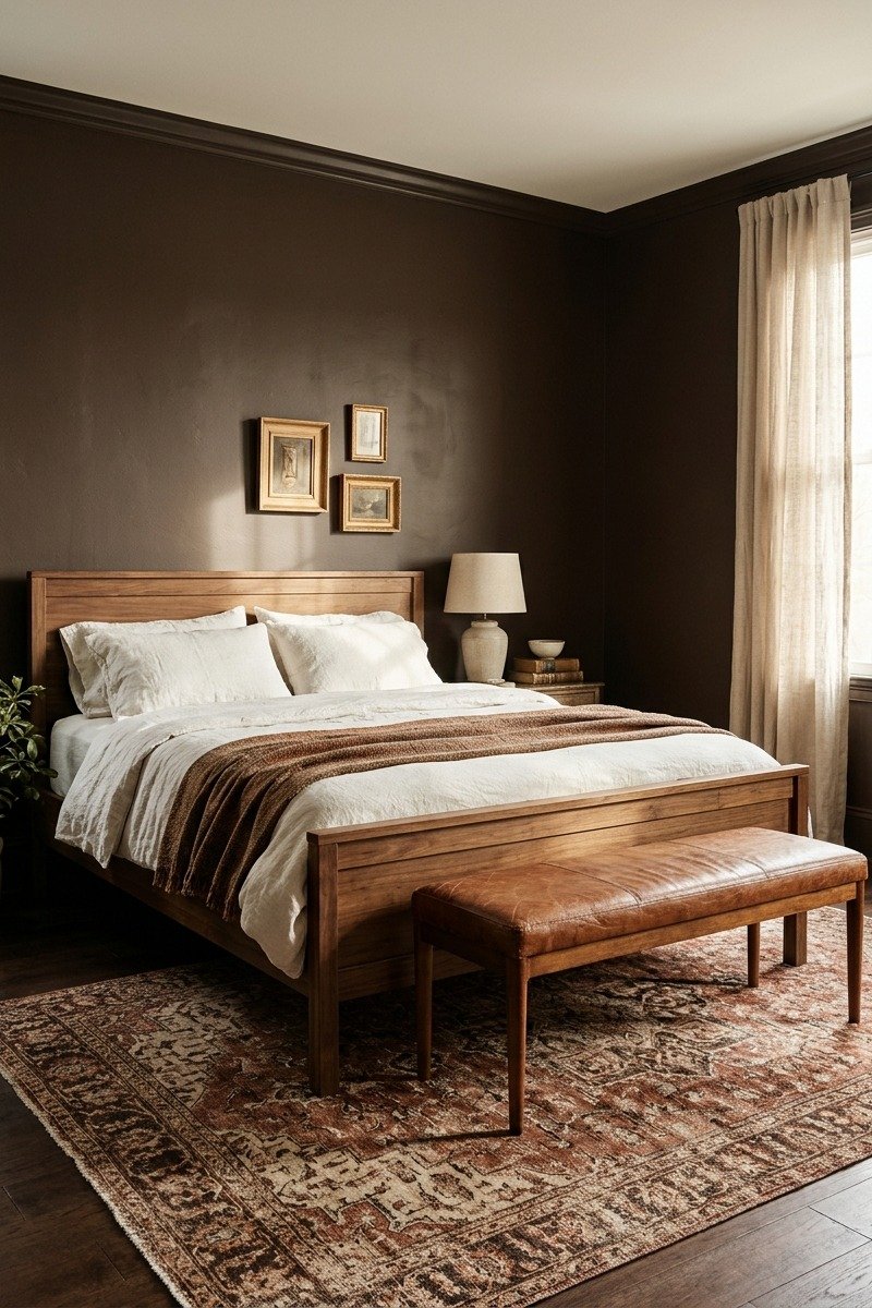 Vintage-style patterned rug under a bed in a brown bedroom