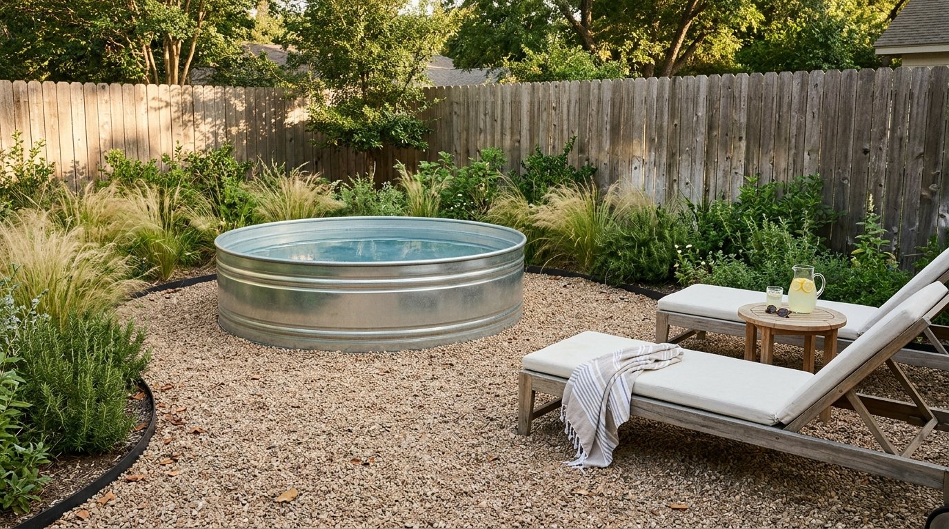 Stock tank pool on a pea gravel patio with steel edging and lounge chairs