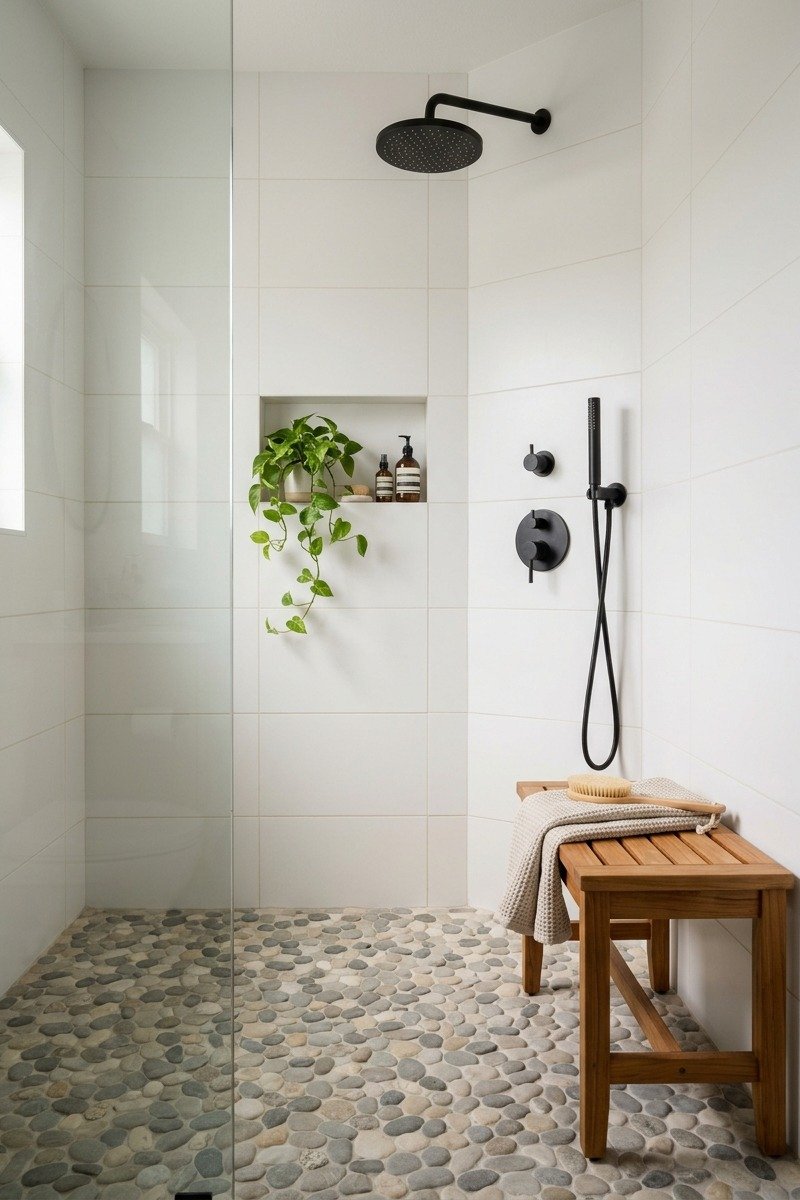 Natural river pebble tile shower floor with white walls
