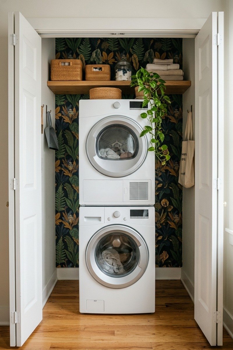 Laundry nook with patterned wallpaper