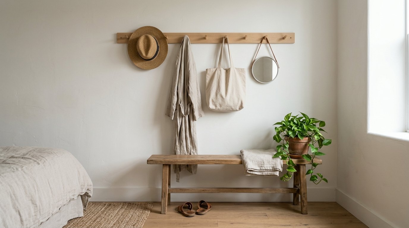 Shaker-style wooden peg rail with bags and hat on a small bedroom wall
