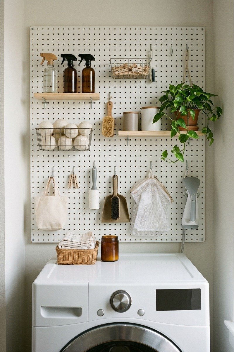 Pegboard organizer in a laundry nook
