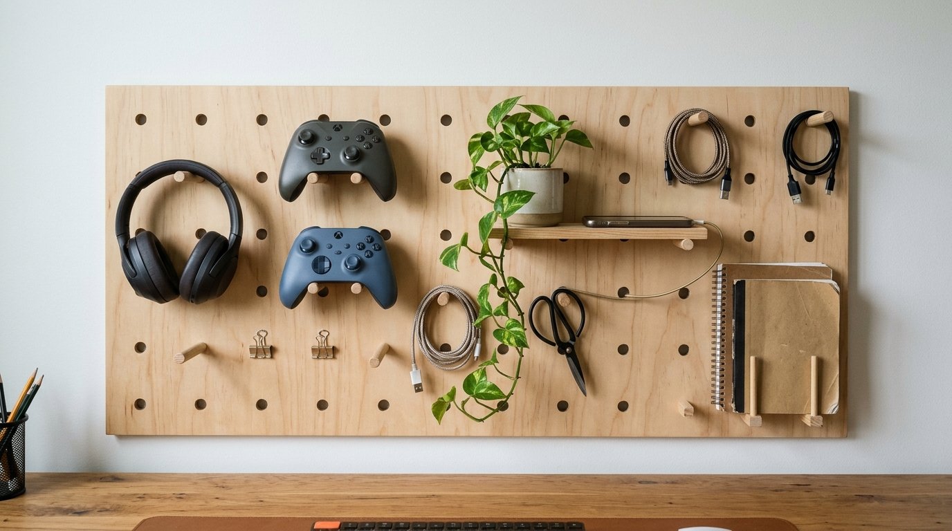 Pegboard wall organiser holding headphones, controllers and accessories above a desk